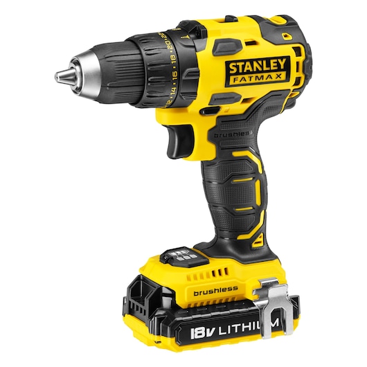 STANLEY KFMCD607D2K cordless drill, yellow and black, 18V lithium battery, front left angle, white background.