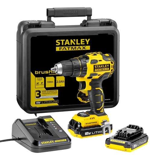 STANLEY KFMCD607D2K cordless drill set with yellow and black drill, charger, battery, and carrying case, front view.
