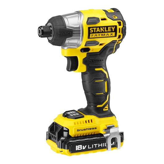 Photo of STANLEY KFMCF647D2K brushless 18V lithium impact driver, yellow and black, front left angle.