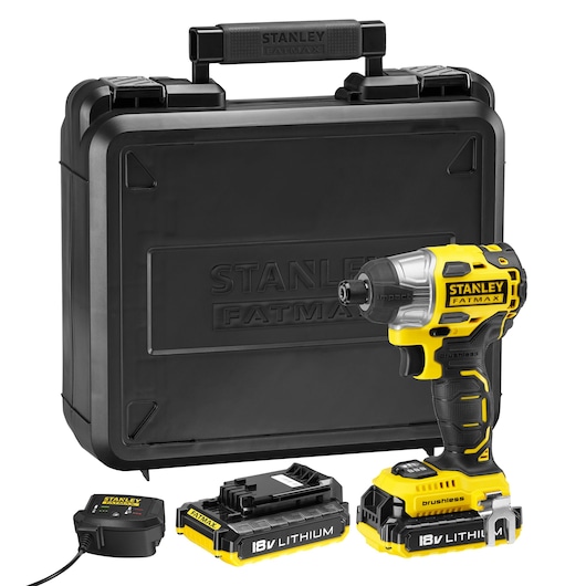 STANLEY KFMCF647D2K impact driver kit with yellow and black brushless drill, hard case, charger, and two 18V lithium batteries, front angle.