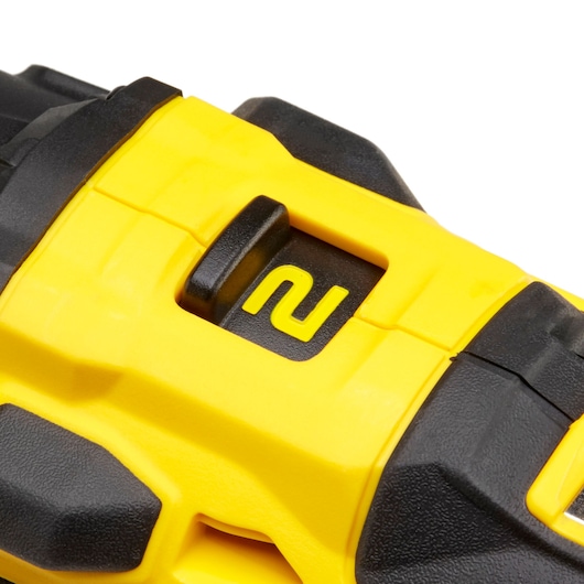 STANLEY KFMCF647D2K power tool close-up, yellow and black housing, speed selector switch with number 2.