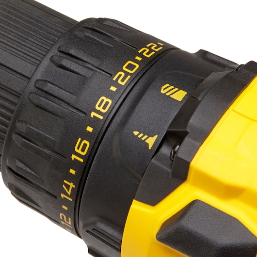 STANLEY KFMCF647D2K drill close-up showing yellow settings dial and black textured grip.