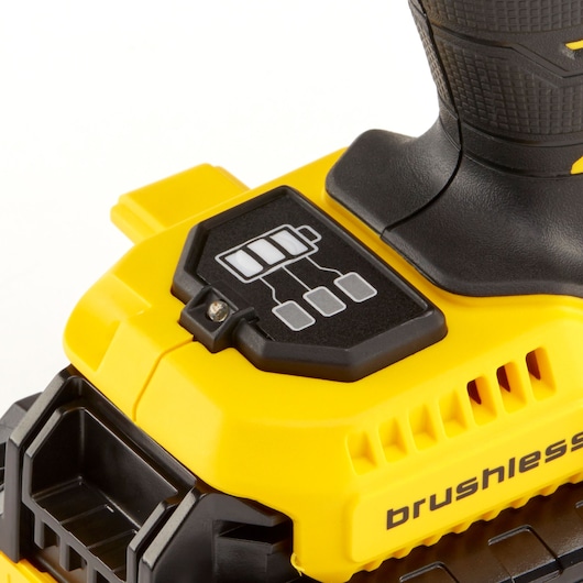 STANLEY KFMCF647D2K brushless power tool close-up showing yellow body and battery indicator, white background.