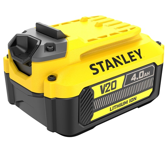 STANLEY SFMCB204 V20 4.0Ah Lithium Ion battery, yellow and black, front angle on white background.