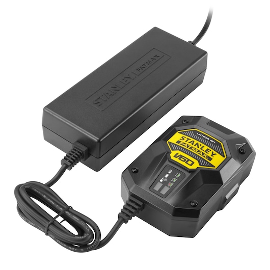 STANLEY SFMCB6012 battery charger with black housing and V60 label, white background angle.