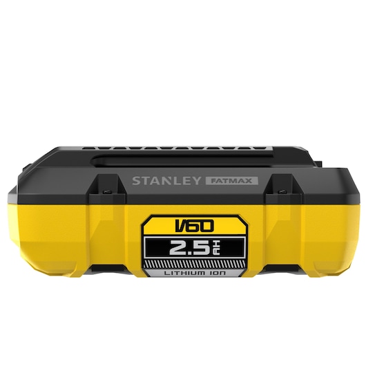 STANLEY FatMax SFMCB6025 lithium ion battery, 2.5Ah, V60 series, yellow and black, front angle.