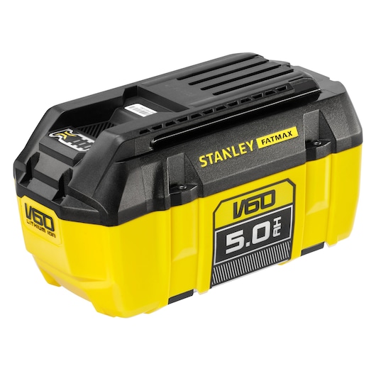 STANLEY SFMCB605 V60 lithium-ion 5.0Ah battery, yellow and black, angled on white background.