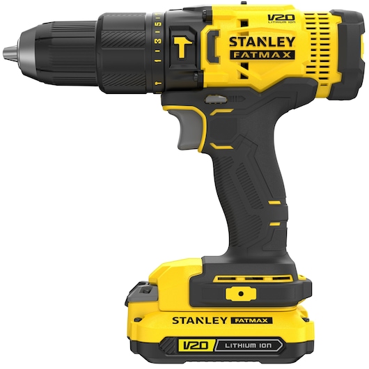 STANLEY SFMCD711C2K yellow and black FATMAX cordless drill, left side view, V20 Lithium Ion.