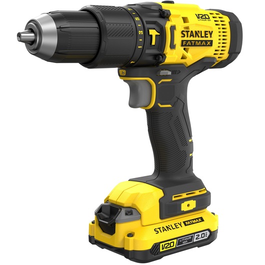 Photo of STANLEY SKU SFMCD711D22 cordless drill, black and yellow, V20 Lithium Ion, right side view on white background.