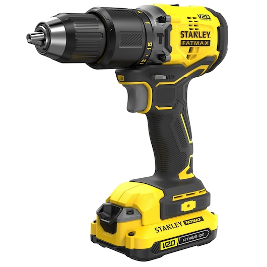 STANLEY SFMCD715C2K cordless drill, yellow and black, side angle view, V20 LITHIUM ION, FATMAX branding.