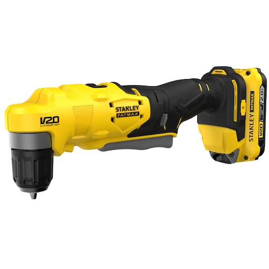 STANLEY SFMCD750D2K cordless right angle drill, yellow and black, side view with V20 Lithium-Ion battery.