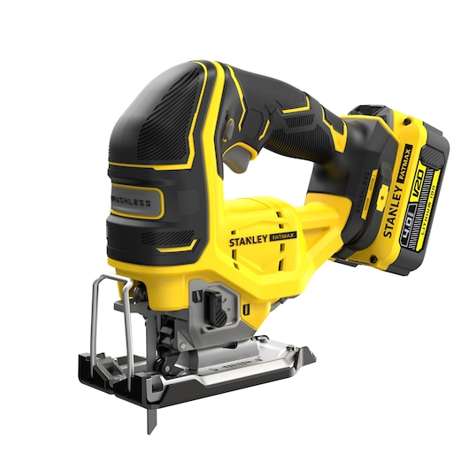 Stanley Fatmax cordless jigsaw with brushless motor and V20 battery, yellow and black design, side view.