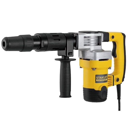 Photo of STANLEY SFMEH220K electric hammer drill, yellow and black, side angle on white background.