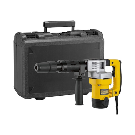 STANLEY SFMEH220K corded rotary hammer drill with black carry case, front angle on white background.