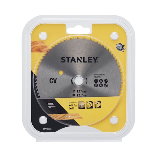 Photo of STANLEY STA10000 circular saw blade in retail packaging, showing silver blade with 80 teeth, 127mm diameter.