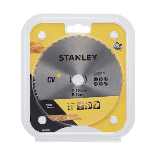 STANLEY STA10005 circular saw blade, 130mm diameter, 16mm bore, 80 teeth, in retail packaging, front angle.