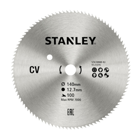 Photo of STANLEY STA10080 saw blade, 140mm diameter, silver finish, front view on white background.