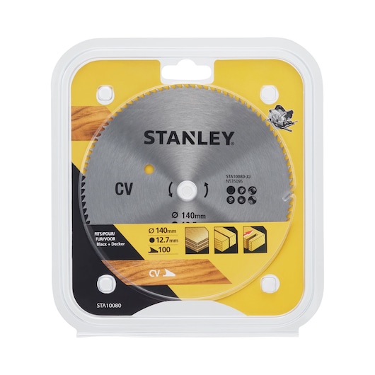 Stanley STA10080 circular saw blade, silver, 140mm, packaged front angle, woodworking accessory.