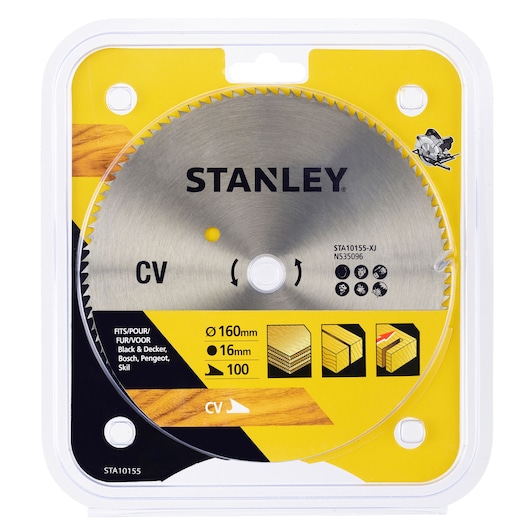STANLEY STA10155 circular saw blade 160mm diameter in retail packaging, front angle photo.