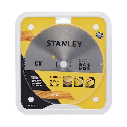 STANLEY STA10205 circular saw blade in retail packaging, silver blade with 100 teeth, 184mm diameter, photography front angle.