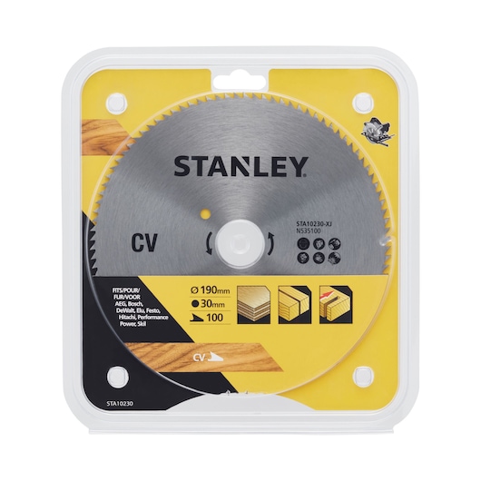 STANLEY STA10230 circular saw blade, silver, packaged, front angle, 190mm diameter for wood cutting.