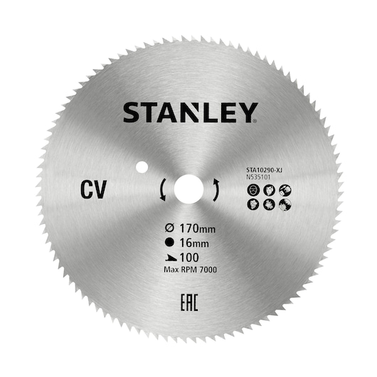 STANLEY STA10290 circular saw blade, silver, 170mm diameter, photographed front on white background.