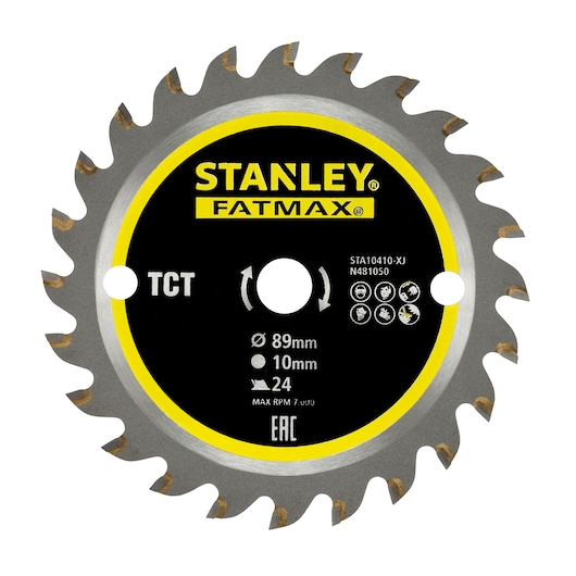 STANLEY STA10410 circular saw blade, FATMAX series, 89mm diameter, 24 teeth, front angle on white background.