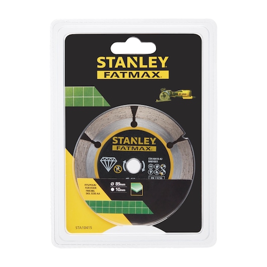 STANLEY STA10415 FatMax diamond blade photography, front angle, in retail packaging with yellow-black design.