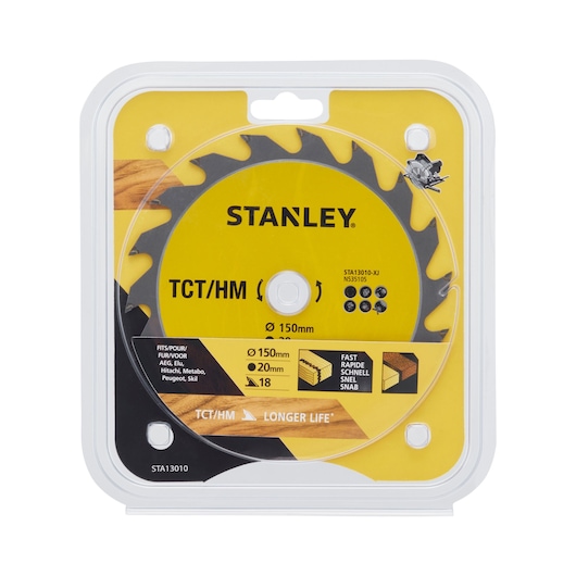 STANLEY STA13010 circular saw blade in clear plastic packaging, yellow label, front angle.