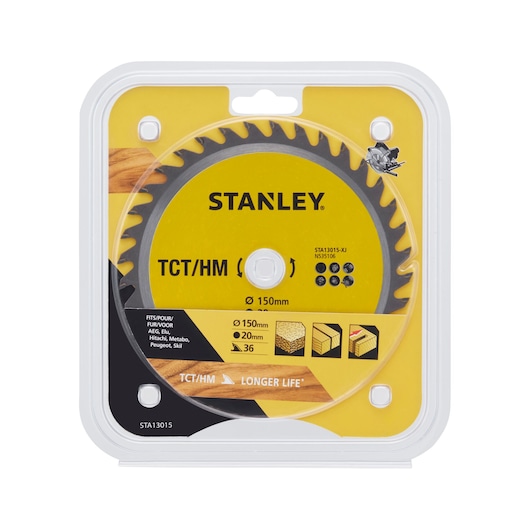 STANLEY STA13015 circular saw blade, 150mm diameter, in retail packaging, front angle.