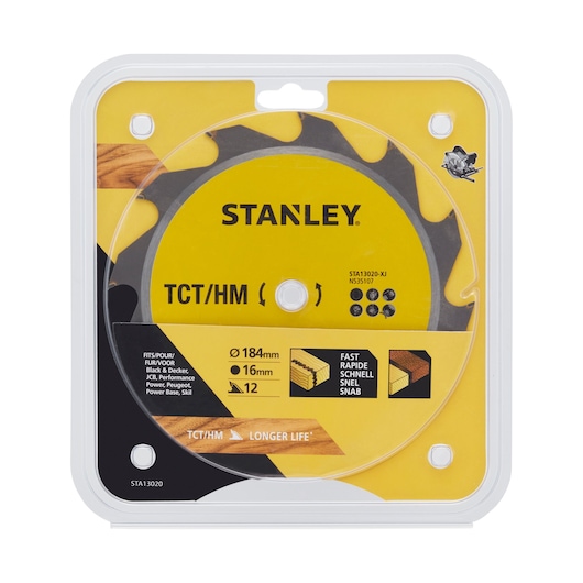 Photo of STANLEY STA13020 circular saw blade, 184mm diameter, TCT/HM type, in retail packaging, front angle.