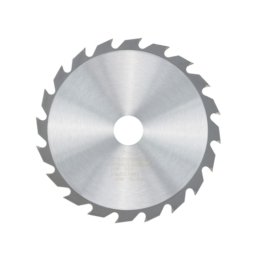 STANLEY STA13030 circular saw blade, silver finish, front angle, visible sharp teeth, photography