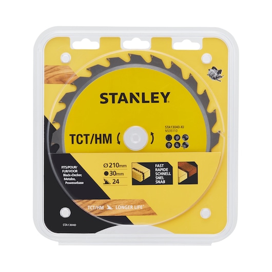 STANLEY STA13040 circular saw blade in yellow plastic packaging, 210mm, 24 teeth, front angle product photo.