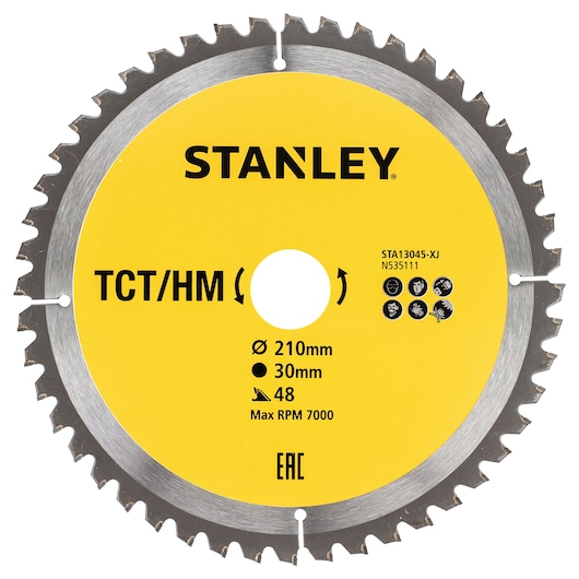 Photo of STANLEY STA13045 circular saw blade, yellow with 48 teeth, for 210mm diameter, 30mm bore, max 7000 RPM.