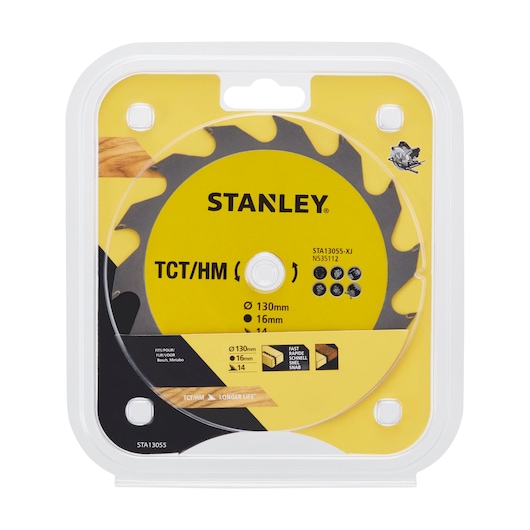 Photo of STANLEY STA13055 circular saw blade in yellow and black packaging, 130mm diameter, for wood cutting, front angle.