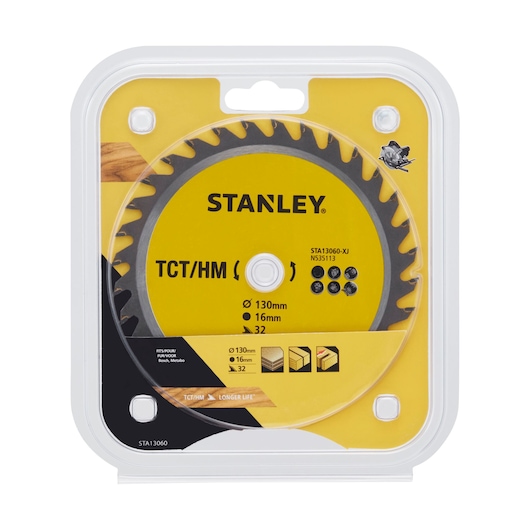 Photo of STANLEY STA13060 circular saw blade in retail packaging, yellow and gray, 130mm diameter, 32 teeth.