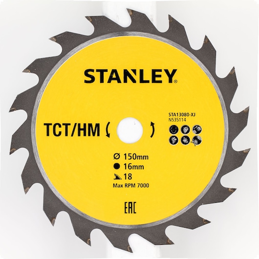 STANLEY STA13080 circular saw blade, yellow face, TCT/HM, 150mm diameter, 18 teeth, product front on white.