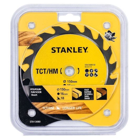 STANLEY STA13080 circular saw blade, 150mm, TCT/HM, yellow packaging, front angle.