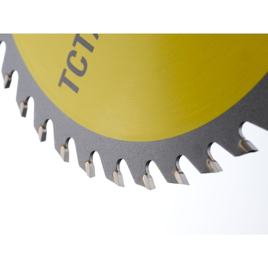 STANLEY STA13105 circular saw blade close-up, yellow and silver, visible tungsten carbide-tipped teeth.