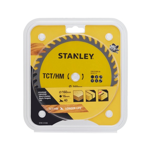 Stanley STA13105 circular saw blade, photography, yellow and black packaging, front angle.