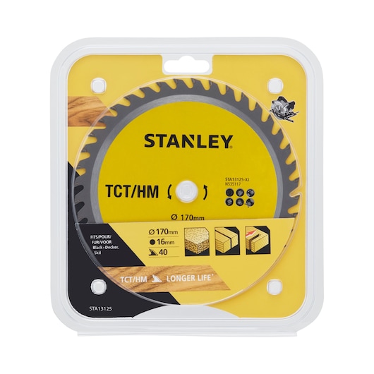 STANLEY STA13125 circular saw blade in yellow packaging, 170mm diameter, 16mm bore, 40 teeth, photography front view.