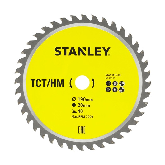 STANLEY STA13175 circular saw blade, yellow center with 40 teeth, 190mm diameter, front angle, TCT/HM type.