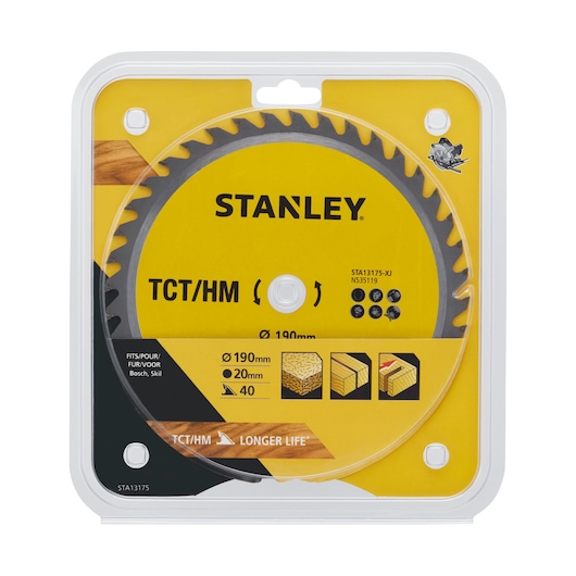 STANLEY STA13175 circular saw blade in yellow packaging, 190mm diameter, 20mm bore, 40 teeth, front view.