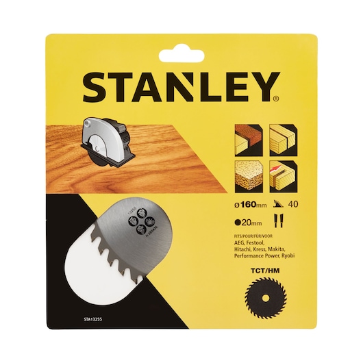 STANLEY STA13255 circular saw blade packaging, yellow background, blade partially visible, front angle.