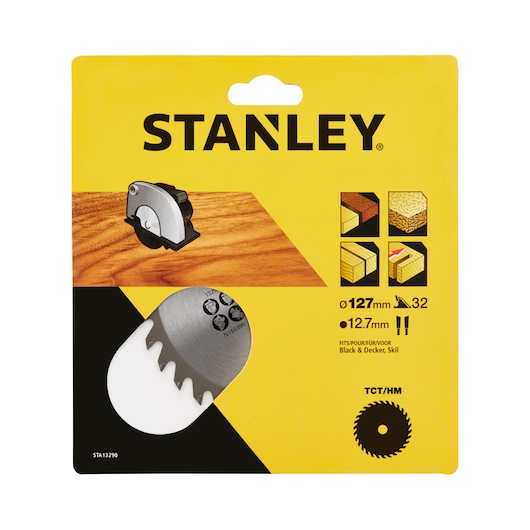 Photo of STANLEY STA13290 circular saw blade in retail packaging, yellow background, product partially visible.