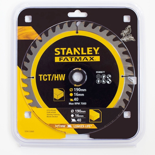 Stanley STA13365 circular saw blade, Fatmax series, 190mm diameter, 40 teeth, TCT/HW, front packaging photo.