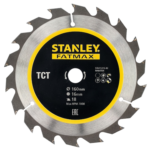 Photo of STANLEY FatMax STA15315 circular saw blade with 18 teeth, 160mm diameter, silver and black, top view.