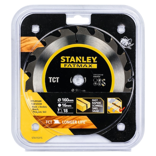 STANLEY STA15315 circular saw blade front view in packaging, FATMAX branding, TCT, 160mm diameter, 18 teeth.