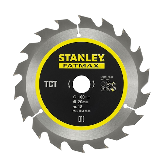 STANLEY STA15320 circular saw blade, silver with yellow and black label, photographed from the front on white background.