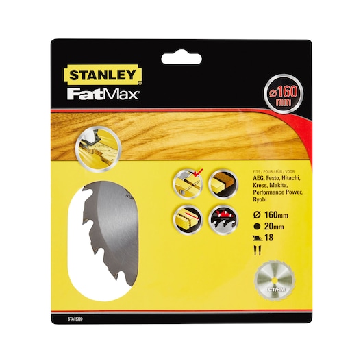STANLEY STA15320 FatMax circular saw blade 160mm, 18 teeth, product packaging front view.